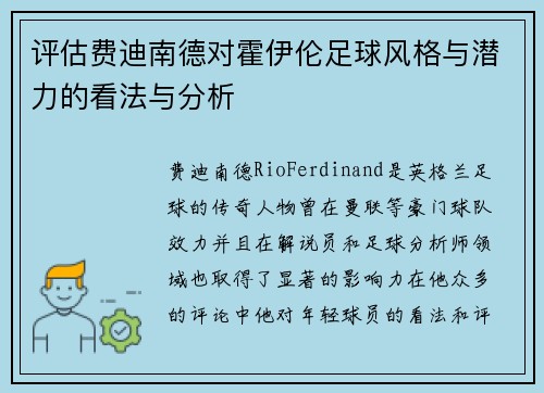 评估费迪南德对霍伊伦足球风格与潜力的看法与分析