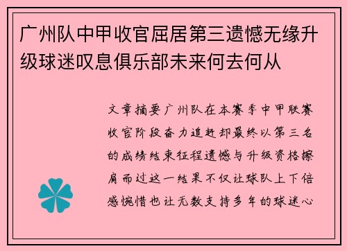 广州队中甲收官屈居第三遗憾无缘升级球迷叹息俱乐部未来何去何从
