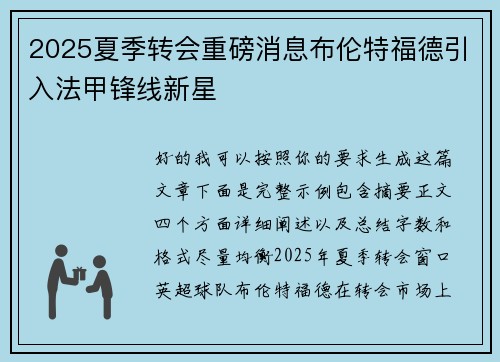 2025夏季转会重磅消息布伦特福德引入法甲锋线新星